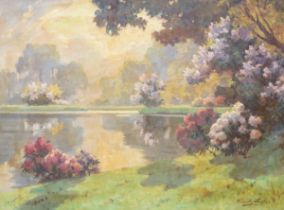 Impressionist oil on canvas, Lakeside landscape with flowers, indistinctly signed, 79 x 59cm