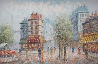 J. Bardot (French, 20th. C), impressionist oil on canvas, Parisian street scene, signed, 90cm x