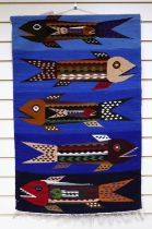 In the style of Evelyn Ackerman, hand hooked tapestry wall hanging, pregnant fish