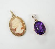 A yellow metal amethyst and diamond set pendant, 2cm, and a cameo pendant, stamped 585