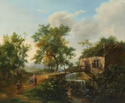 English School circa 1850, oil on panel, Landscape with mountain stream, cottage, bridge and figures