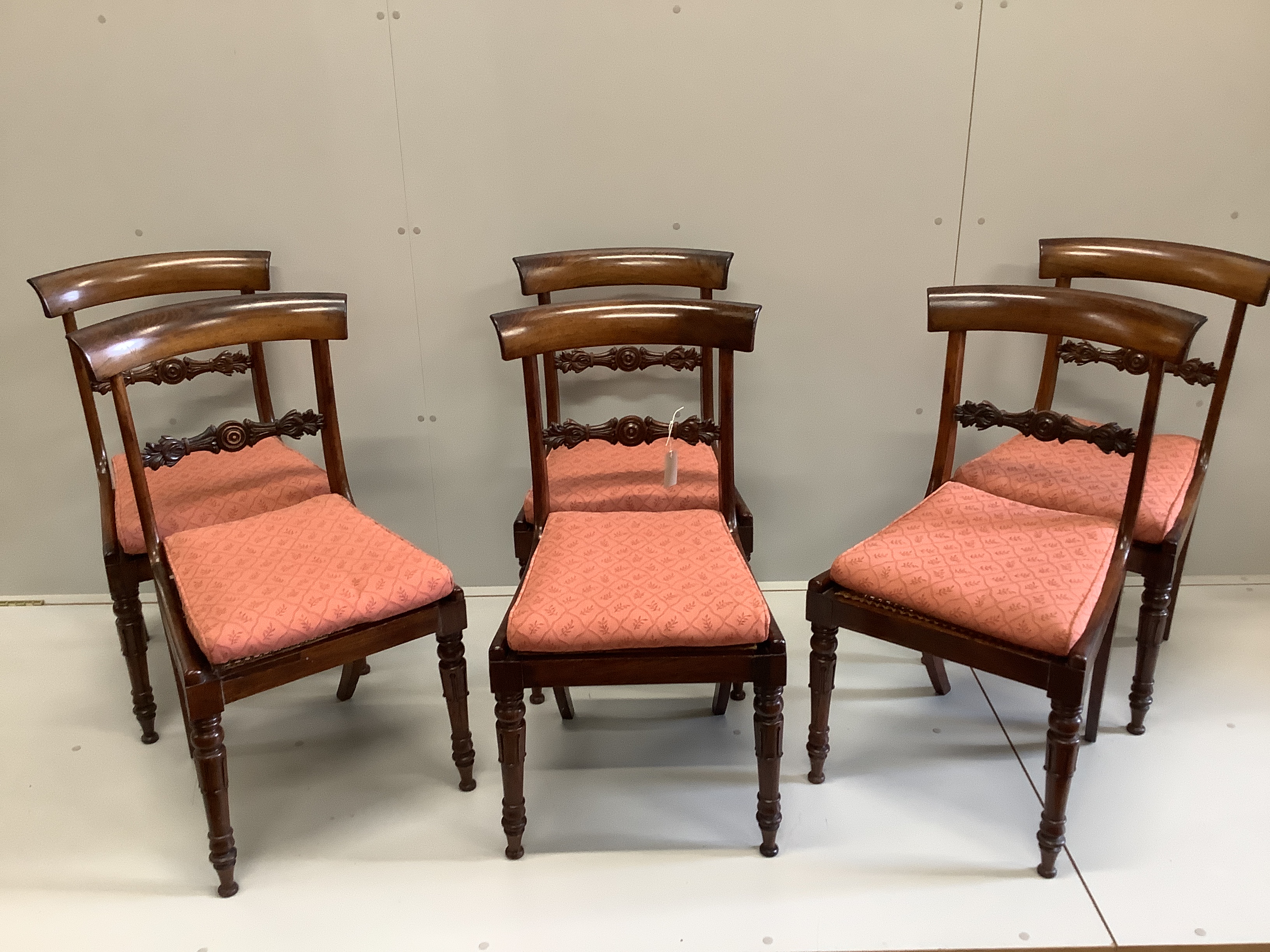 A set of six William IV rosewood cane seat dining chairs, with squab cushion seats, width 44cm,