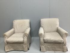 A pair of modern contemporary Howard style upholstered library armchairs on square tapered beech
