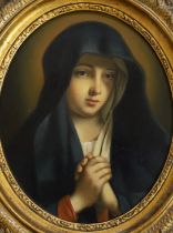 19th century school, oval oil on board, portrait of a nun at prayer, 16cm x 13cm ornate gilt frame