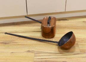 A copper daubiere and a larger copper ladle, ladle 86cm