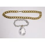 A gilt metal curblink necklace, a white metal paste set bracelet stamped 925 and a rock crystal