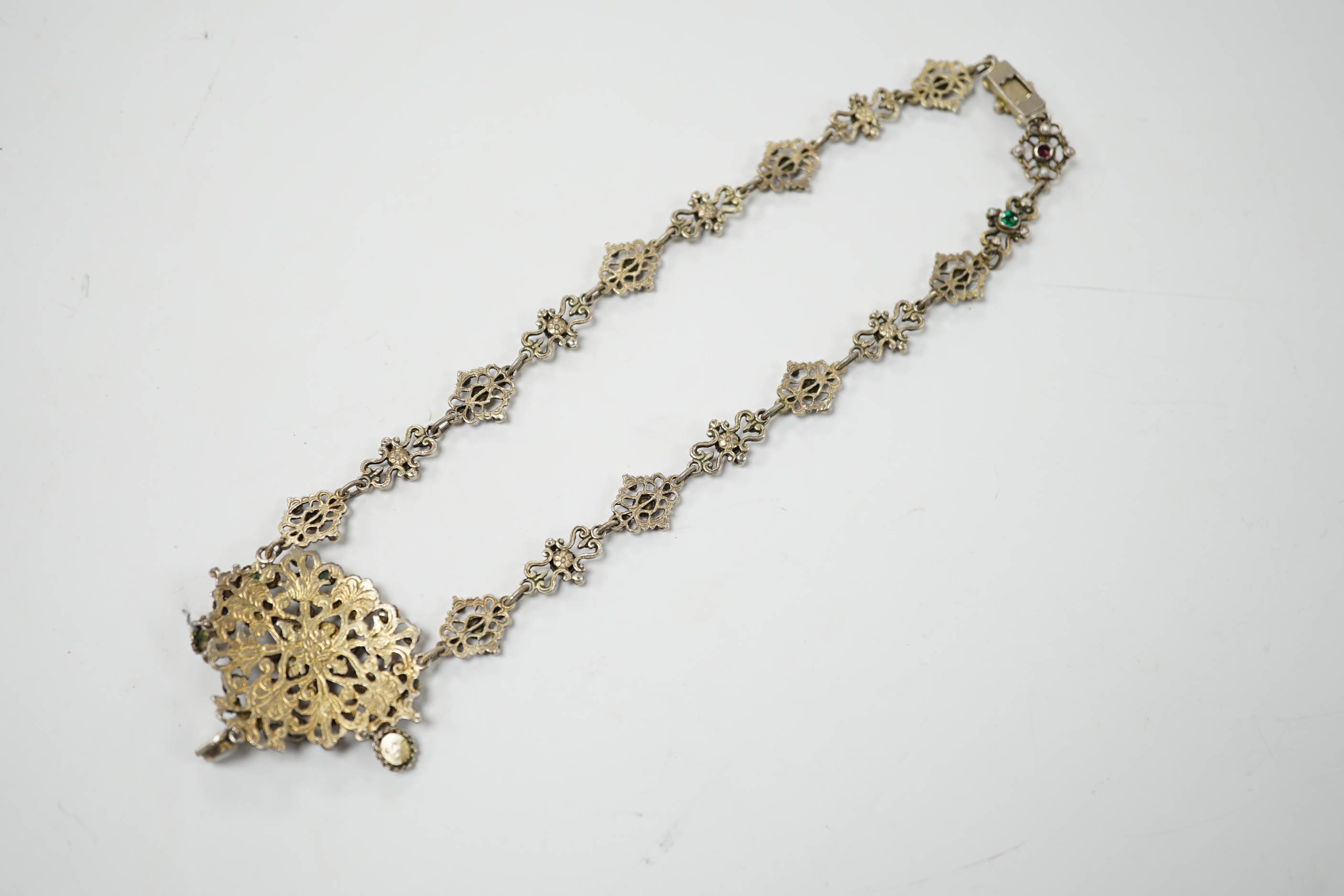 A 19th century Austro-Hungarian baroque pearl and gem set silver gilt necklace, 23cm - Image 6 of 7