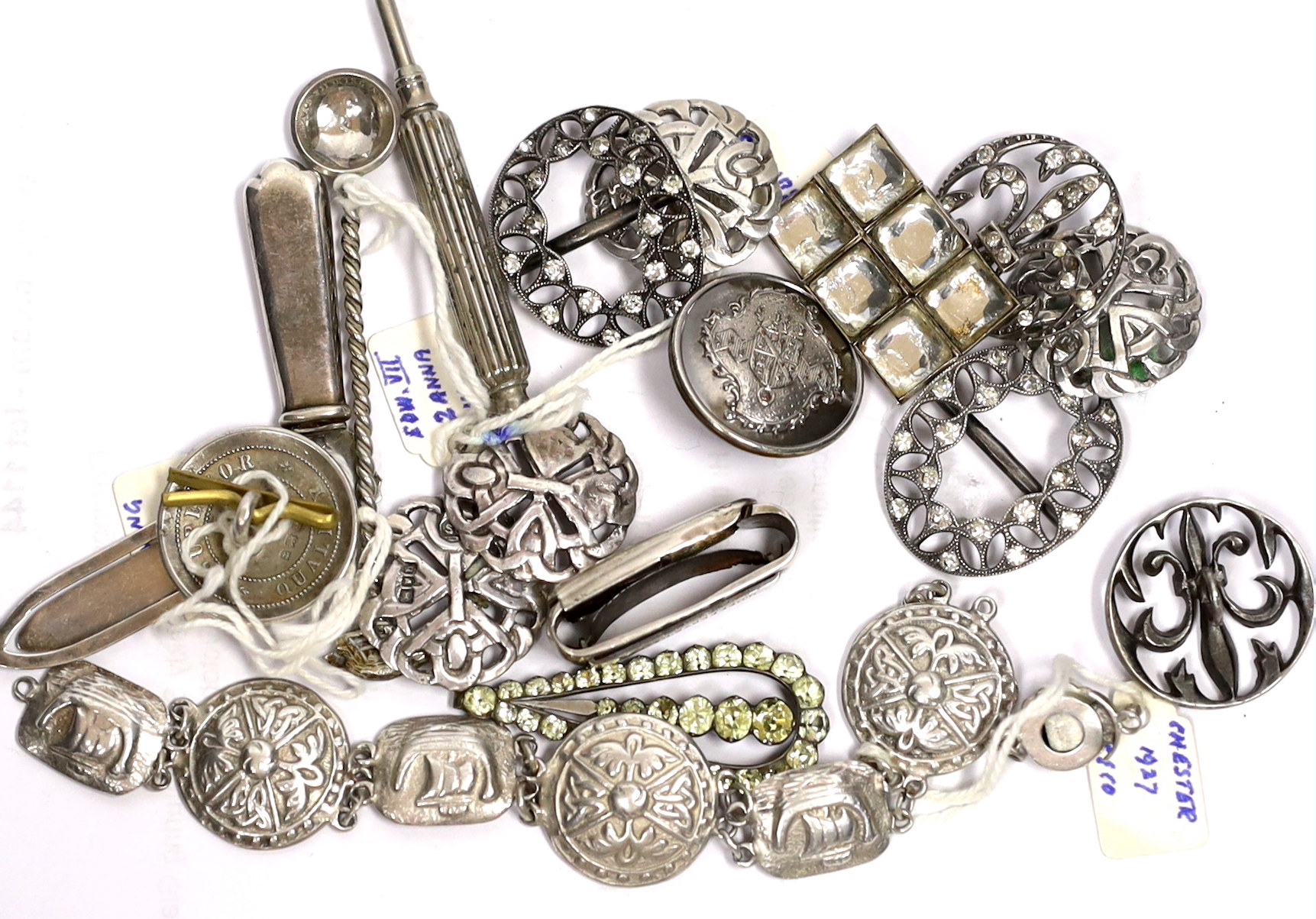 A pair of paste set 925 shoe buckles, 31mm, a George V silver bracelet, a set of four Edwardian