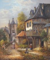 E.V. Linden, oil on canvas, Austrian street scene with figures, signed, 59 x 49cm, ornate gilt