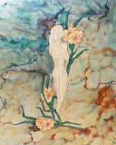 Jean-Philippe Jenere (French, b.1934), painted metal panel, Art Nouveau style nude female with