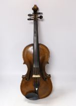 An early 20th century English violin stamped Norman Duke, London, one piece back with wax seal,