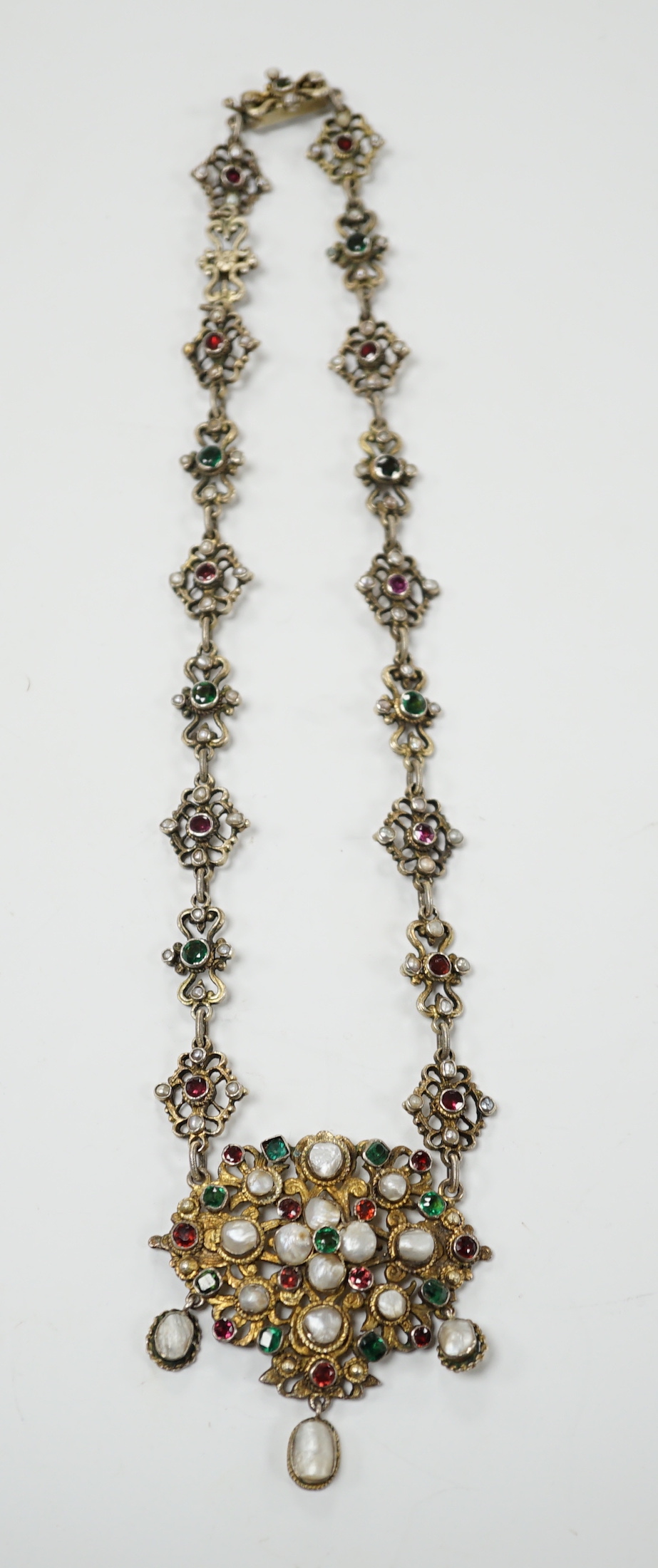 A 19th century Austro-Hungarian baroque pearl and gem set silver gilt necklace, 23cm - Image 3 of 7