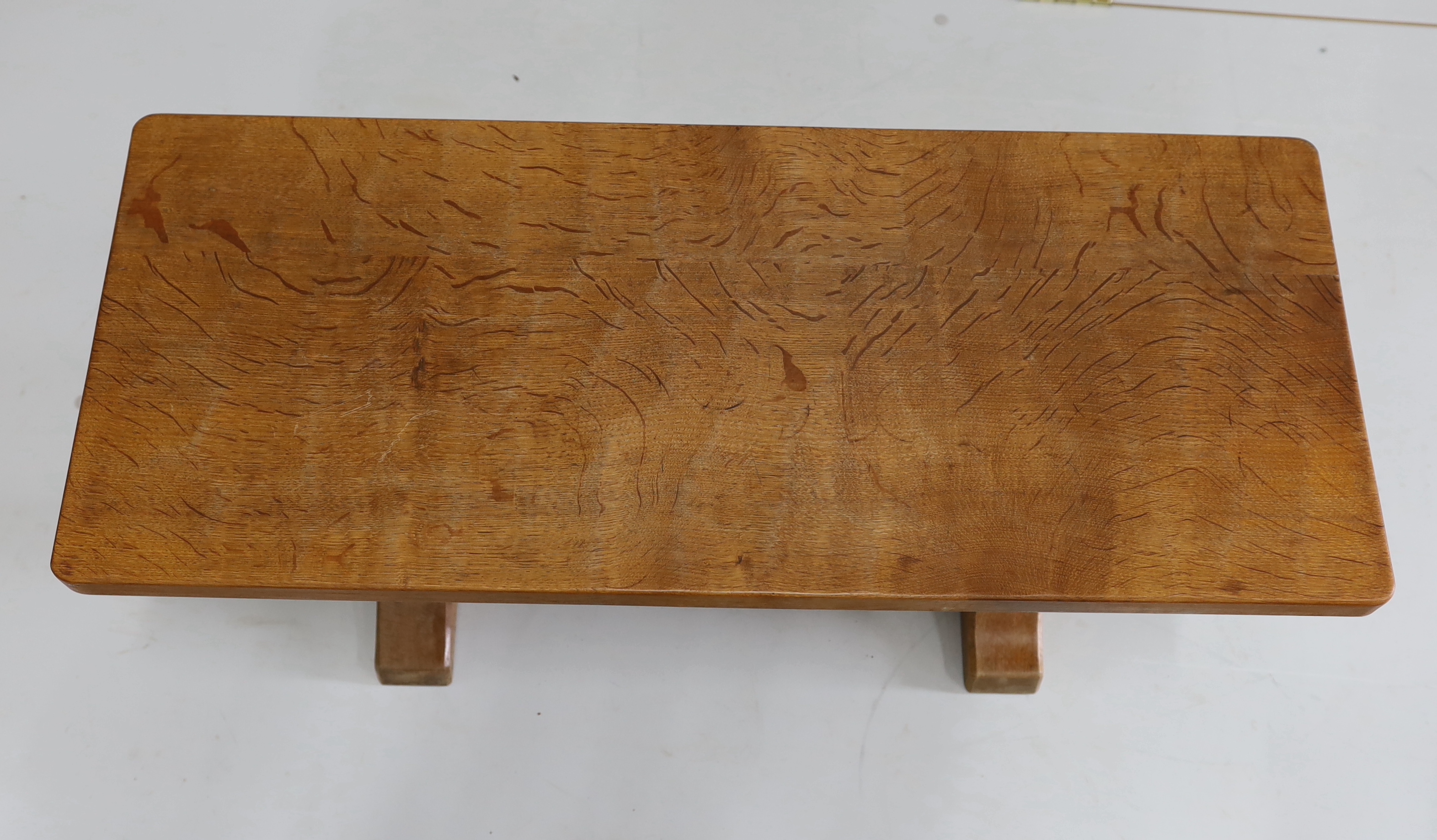 Robert Thompson, The Mouseman, a rectangular oak coffee table with adzed top on octagonal - Image 2 of 3