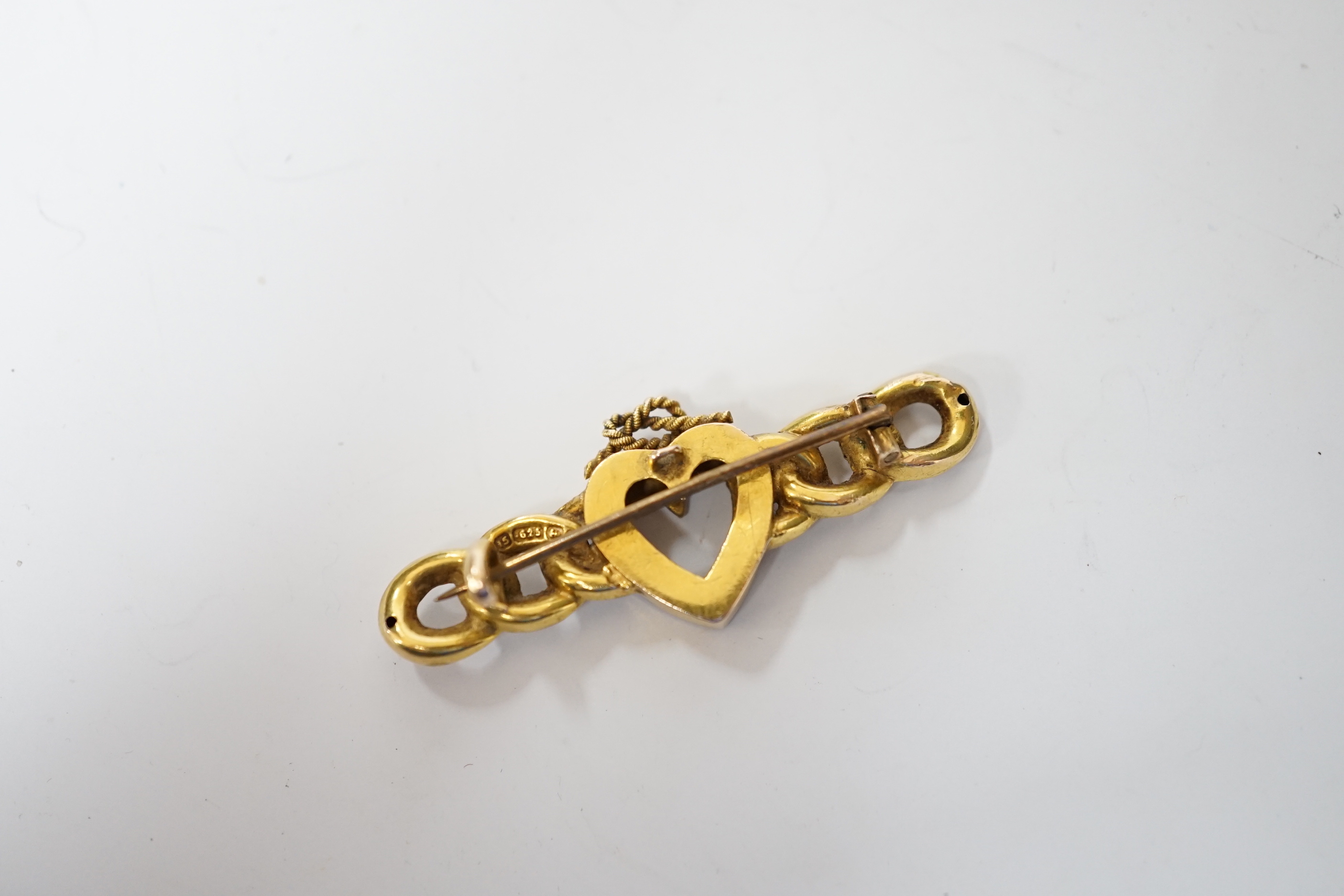 A late Victorian 15ct gold and seed pearl set bar brooch, with central heart with knot motif, - Image 3 of 3