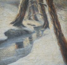 Scandinavian school, oil on canvas, Winter landscape with stream, indistinctly signed and dated,
