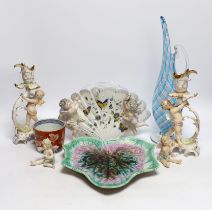A group of mixed ceramics and glassware including an art glass jug, a leaf dish and a late 19th /