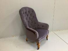 A Victorian upholstered spoonback armchair, width 68cm, depth 64cm, height 110cm