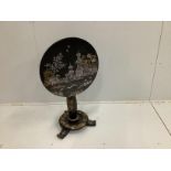 A Victorian black lacquered papier mache occasional table, with circular tile top, chinoiserie