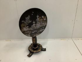 A Victorian black lacquered papier mache occasional table, with circular tile top, chinoiserie