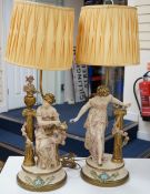 A pair of painted spelter figural table lamps, 82cm high including light fitting and shade