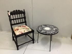 A Fornasetti style occasional table, diameter 52cm, height 48cm, together with a late 19th century