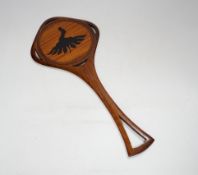 A Continental Art Nouveau rosewood and satinwood hand mirror, 40cm