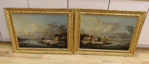Albert Alexandre Lenoir (French, 1801-1891), pair of oils, Winter lake scenes with figures