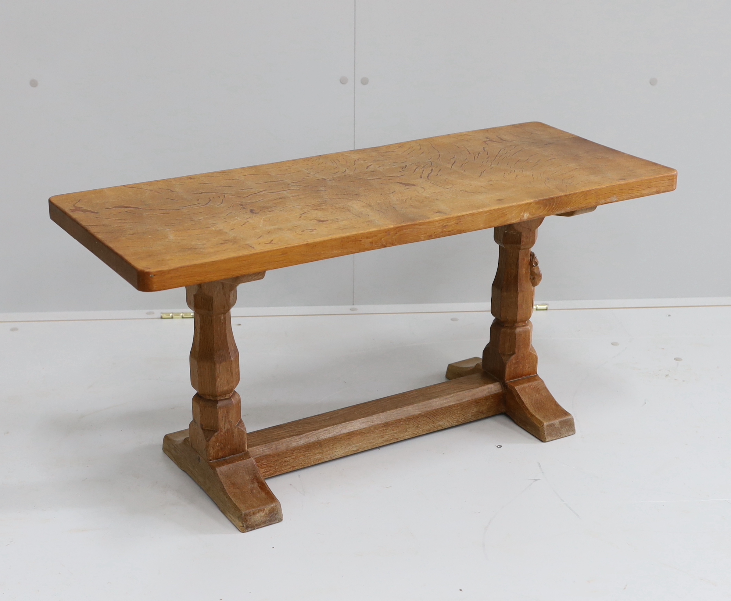 Robert Thompson, The Mouseman, a rectangular oak coffee table with adzed top on octagonal