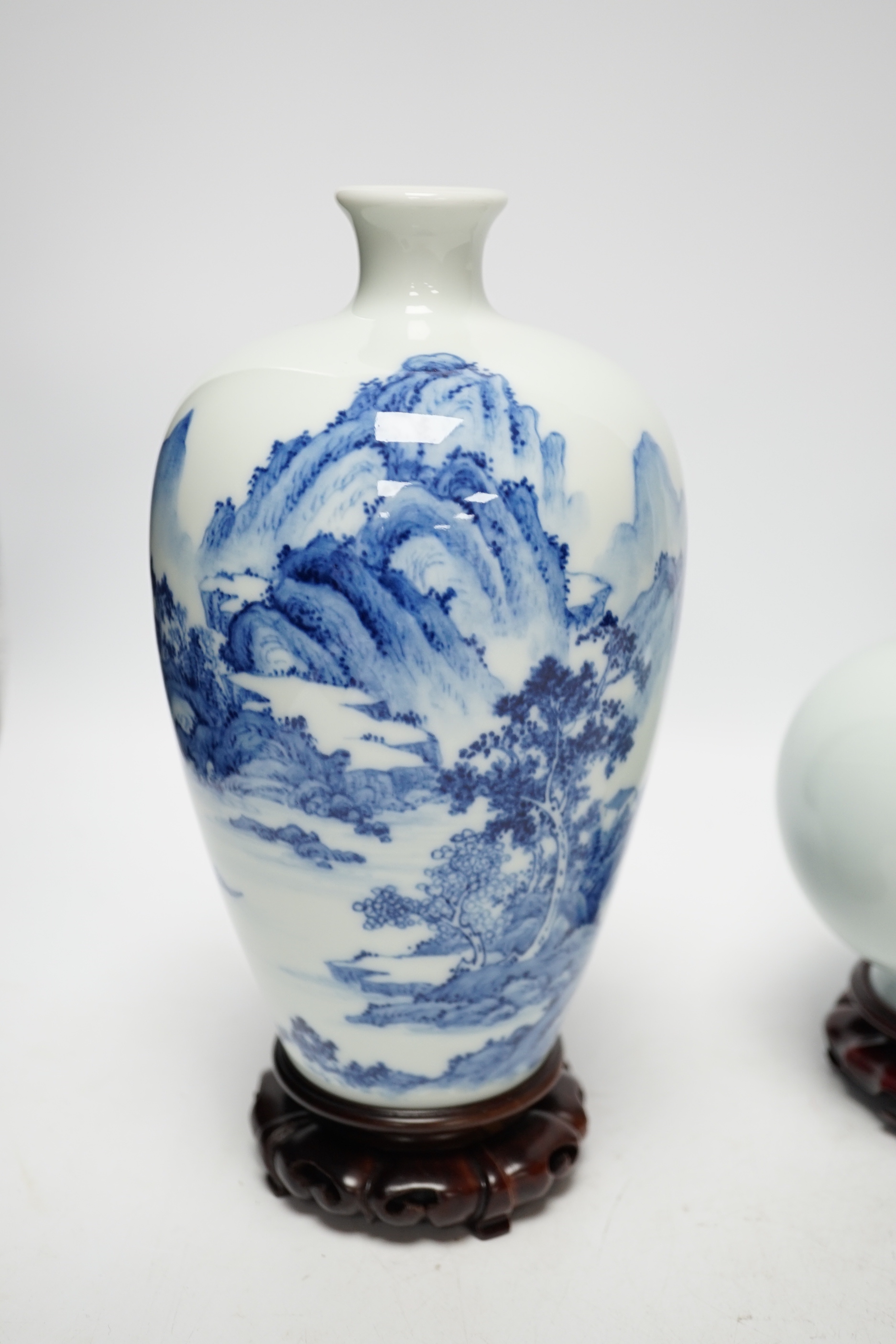 Two modern Chinese blue and white vases on stands, a crackle glaze celadon bowl and vase, tallest - Image 6 of 9