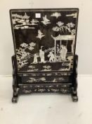 A Chinese mother of pearl inlaid ebonised table screen, width 63cm, height 82cm