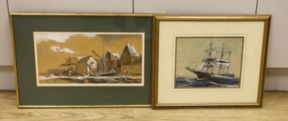 Ronald Dean (1929-2023), two heightened watercolours, Clipper ship and Dockland scene, each