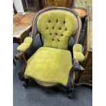 A Victorian rosewood upholstered open armchair, width 71cm, depth 72cm, height 79cm
