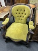 A Victorian rosewood upholstered open armchair, width 71cm, depth 72cm, height 79cm