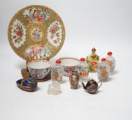 A collection of mixed Chinese scent bottles a famille rose plate and two tea bowls together with