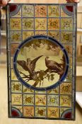 A Victorian 'two birds’ stained glass panel, 35cm wide x 59.5cm high