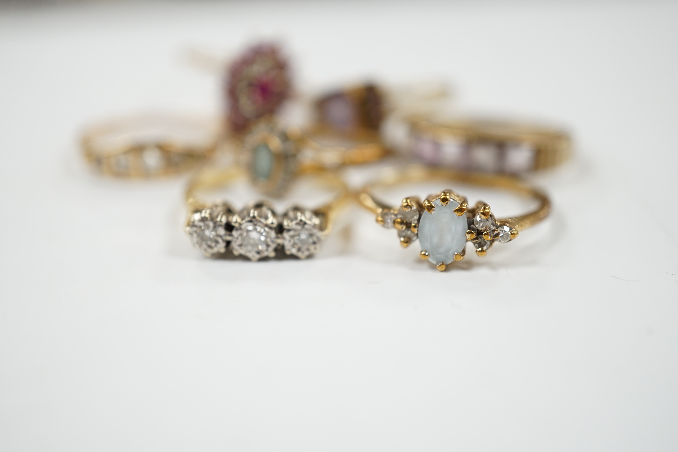 Seven assorted mainly modern 9ct gold and gem set dress rings, including three stone diamond and - Image 2 of 7