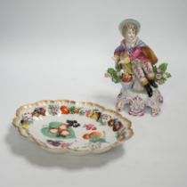 A Continental flower and insect painted dish and a Samson Chelsea style figure, 18cm