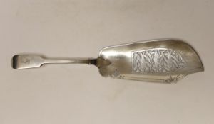 An early Victorian silver fiddle pattern fish slice, Joseph & Albert Savory, London, 1844, 31.5cm,