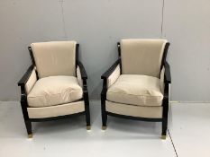 A pair of mid century French Maison Jansen ebonised armchairs with suede effect upholstery, width