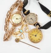 Two early 20th century 9ct gold manual wind wrist watches, one on an expanding 9ct bracelet, a 9ct