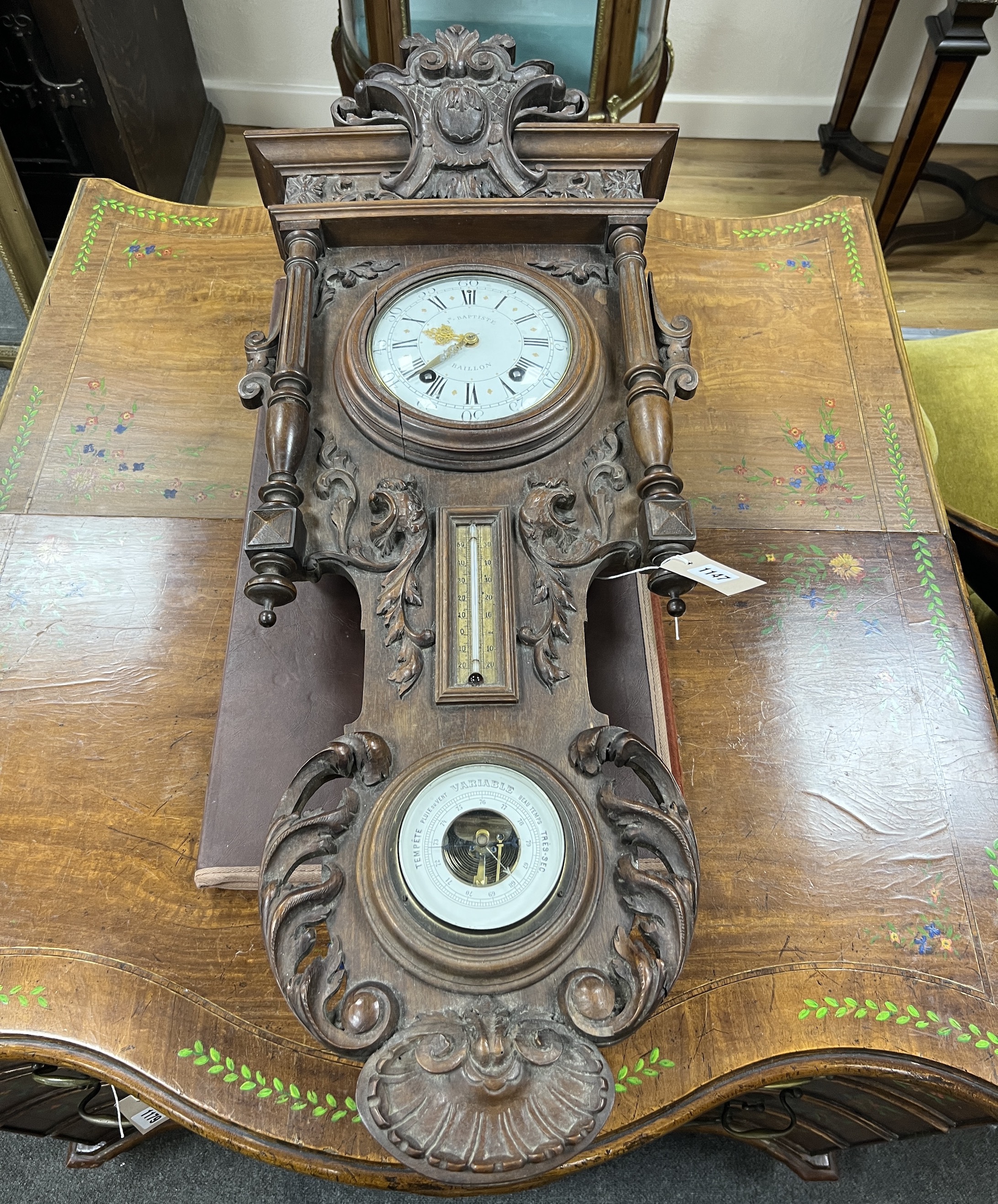 A late 19th century French carved walnut wall clock combined thermometer and barometer, dial and - Image 7 of 11