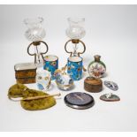 Mixed collectables: a pair of glass candle holders on gilt stands, an enamelled scent bottle, a