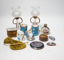 Mixed collectables: a pair of glass candle holders on gilt stands, an enamelled scent bottle, a