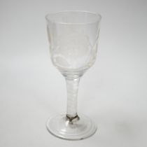 An English lead crystal Jacobite goblet, c.1750-60, bowl of ogee form, engraved with open and one