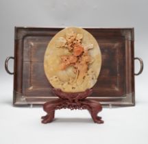 A Chinese white metal mounted hongmu tray and a Chinese carved soapstone table screen on stand, tray