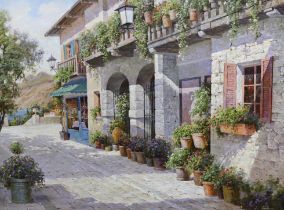 Vladamir Andreev, impasto oil on canvas, Mediterranean street scene before a lake, signed,