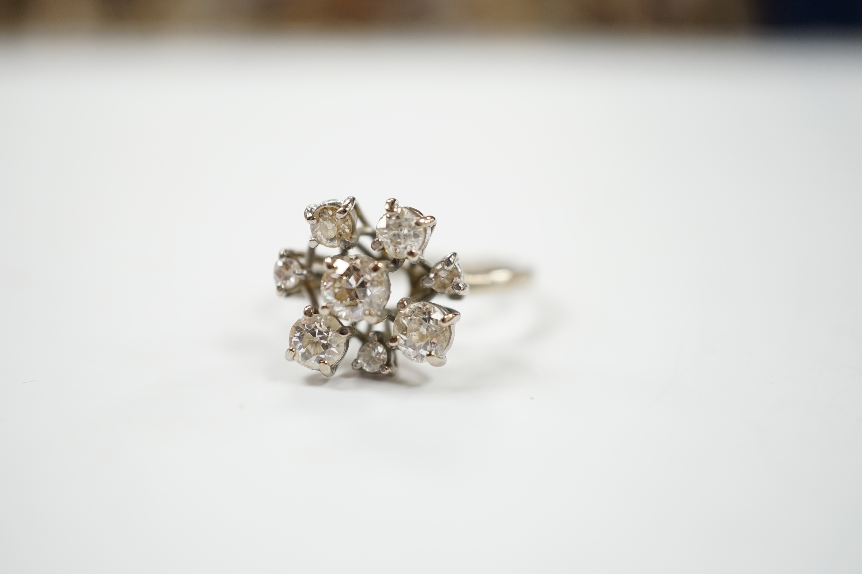 A modern 18ct white gold and graduated eight stone diamond cluster set dress ring, size S, gross - Image 2 of 4