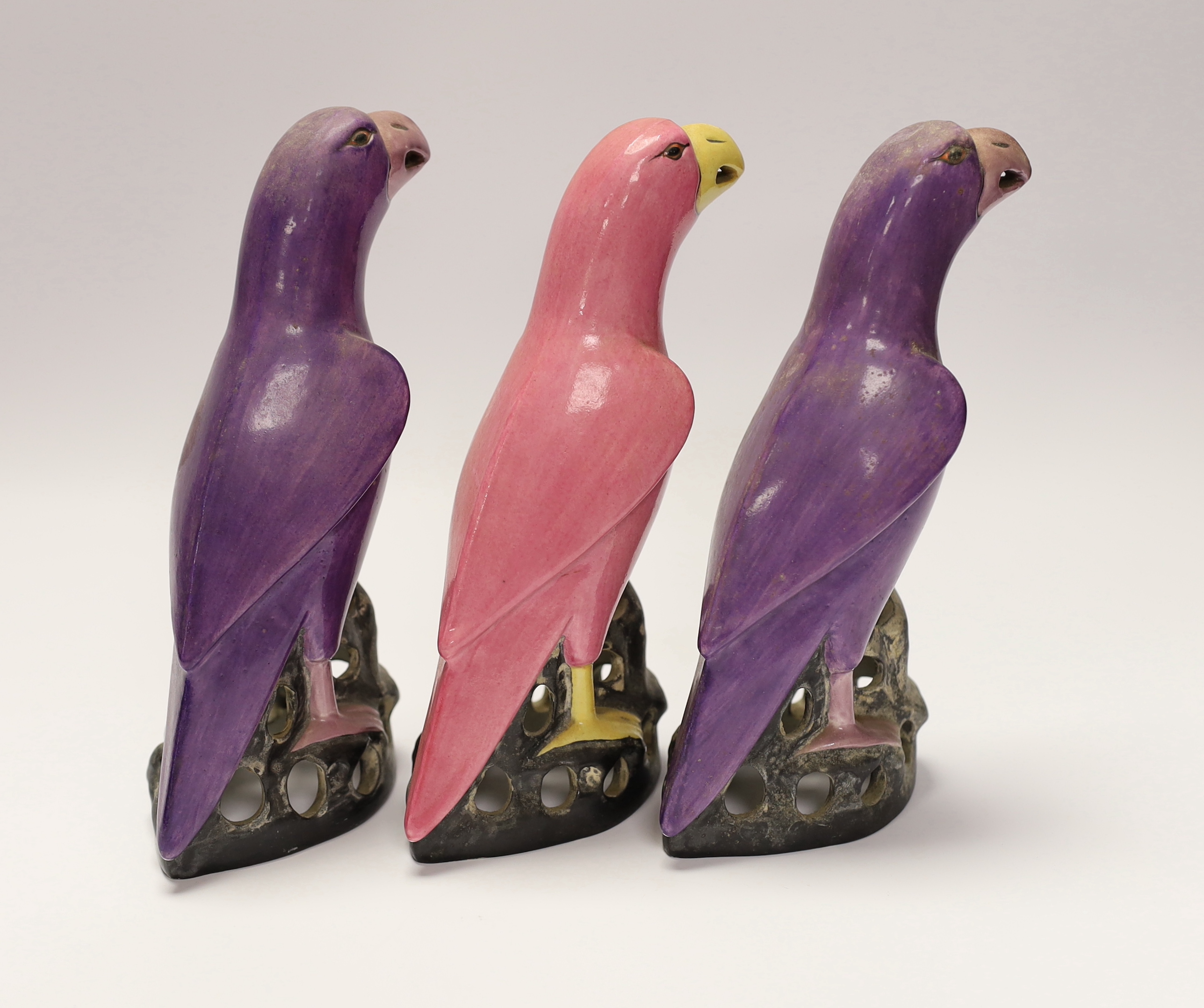 Three Staffordshire parrots with purple and pink glazed, each stamped, 19cm high - Image 3 of 4
