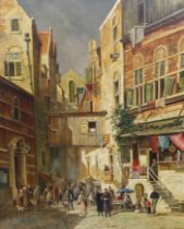 Van der Loiz, oil on panel, Street scene with market sellers, signed, indistinctly inscribed lower