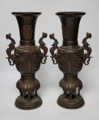 A pair of bronze Japanese vases and two Chinese scroll pictures, vases 35.5cm high
